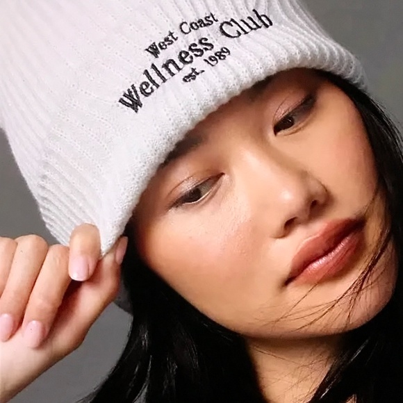 ANTHROPOLOGIE Beanie Hat Wellness Club Daily Practice Gray Embroidered Ribbed - Picture 2 of 13